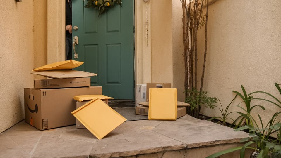 Stacked delivery parcels at a front door